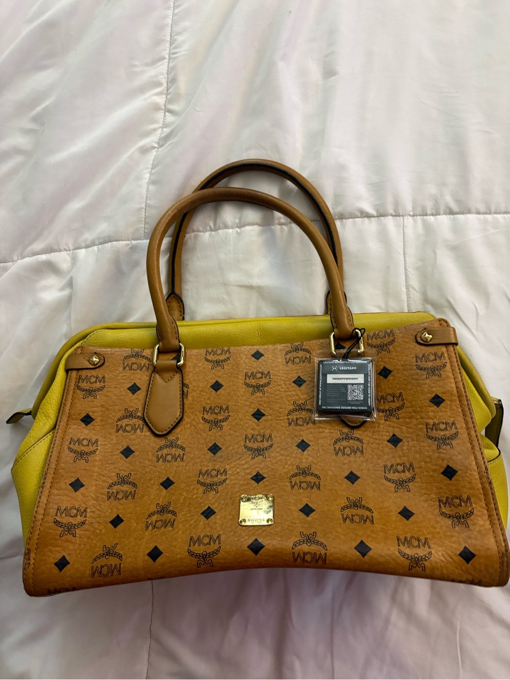 MCM Cognac Monogram Satchel with Yellow Trim